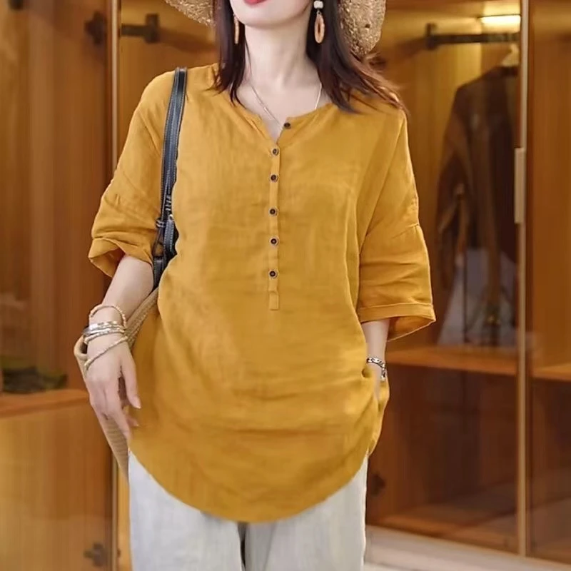 复古文艺休闲麻料衬衫女夏季时尚新洋气款大码宽松百搭中长款上衣