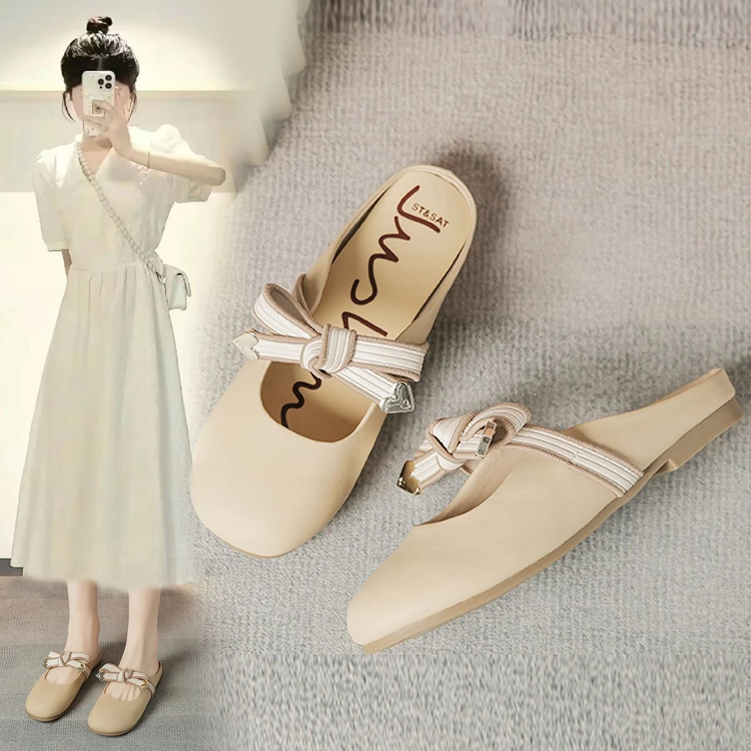 星期六真皮包头蝴蝶结半拖鞋女2025年夏季新款拼色穆勒鞋轻便外穿