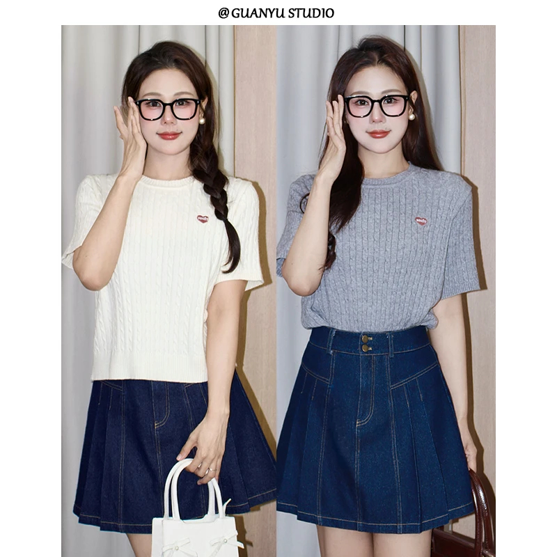 YY【小豆丁】清爽耐穿爱心刺绣慵懒随性短袖针织衫上衣DM26111