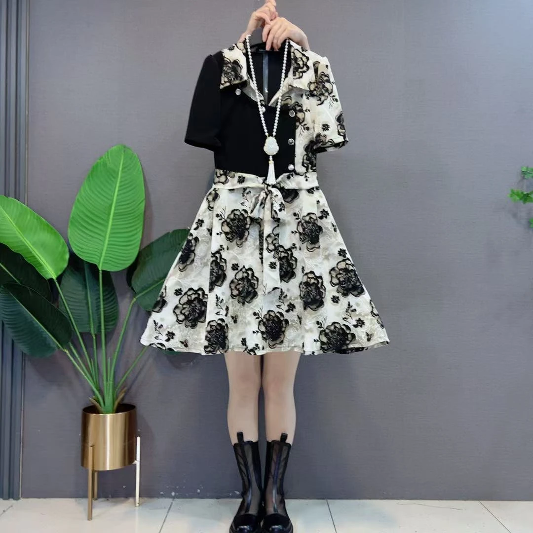 欧货翻领腰带拼色花朵AB版胖妹妹个性设计通勤时尚洋气百搭连衣裙