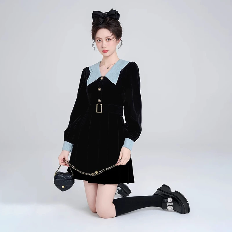 【送腰带】法式双层领黑色西装连衣裙女2025春季千金风气质A字裙933