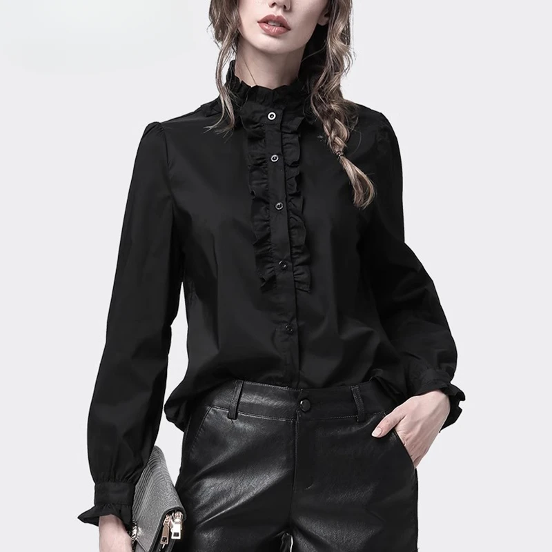 琦丝轻奢秋黑色木耳边立领衬衫女长袖衬衣收腰上衣SQ3515/SS5208