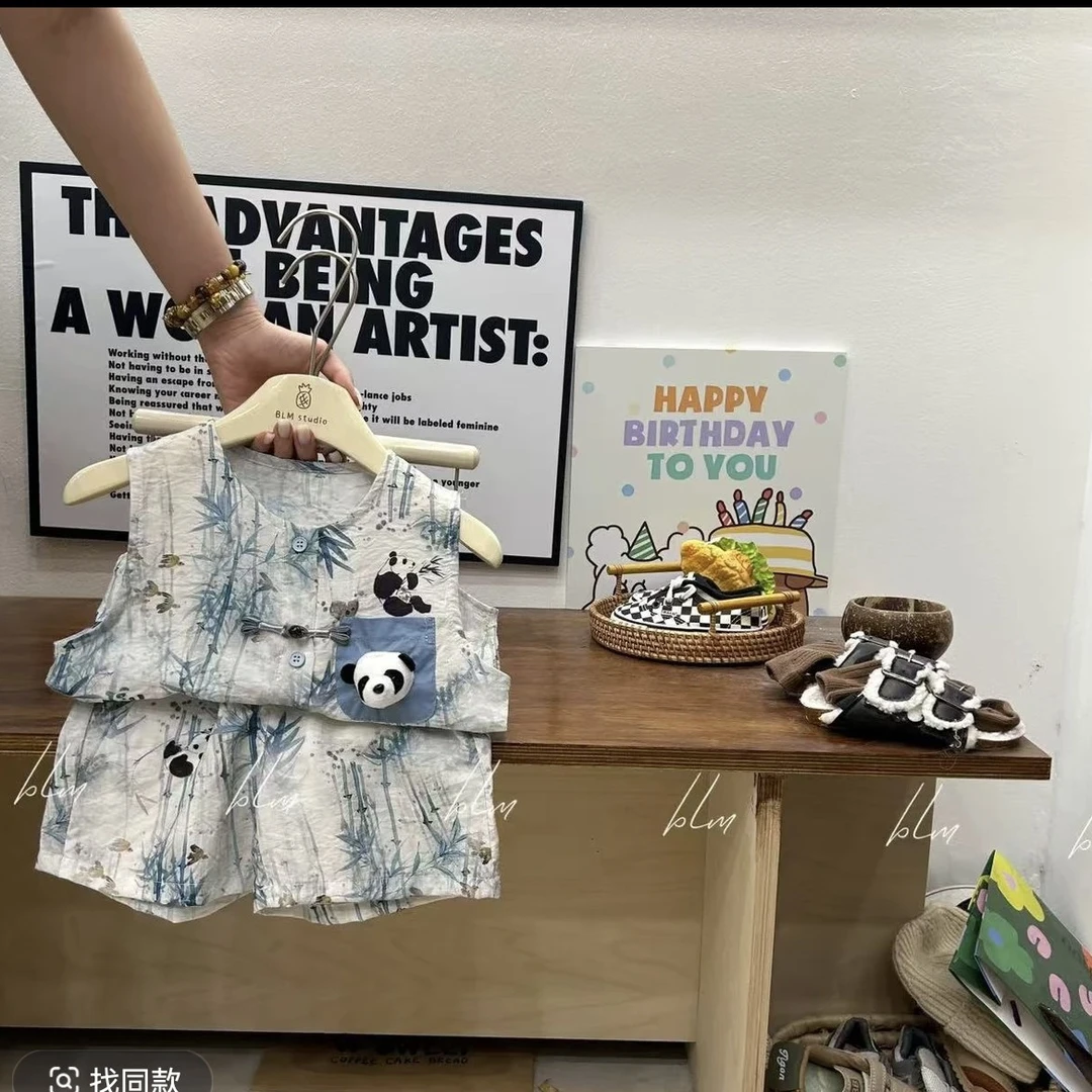 男童无袖汉服套装竹节熊猫夏季男碎花卡通动漫女童无袖洋气休闲