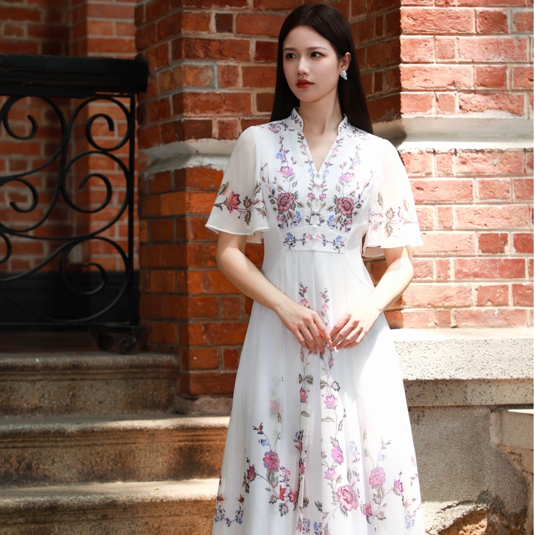 SUSSI/古色【牡丹柔情】短袖蕾丝气质绣花印花经典收腰X型连衣裙