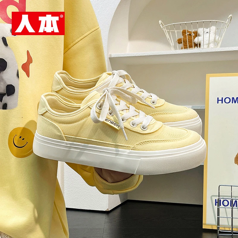 人本帆布鞋女款夏季镂空透气网面鞋甜美女生厚底网鞋百搭休闲鞋