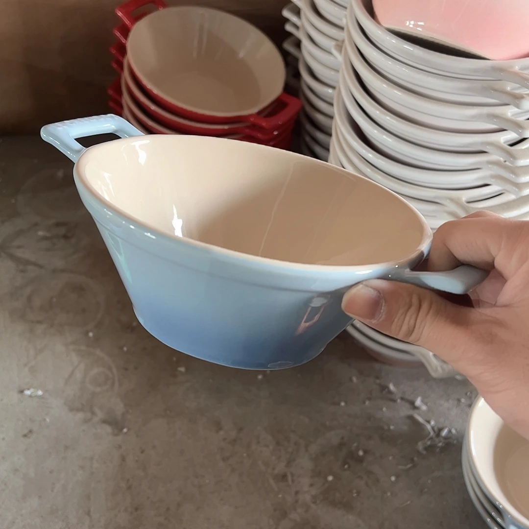 陶瓷 双耳斗笠碗 天蓝色