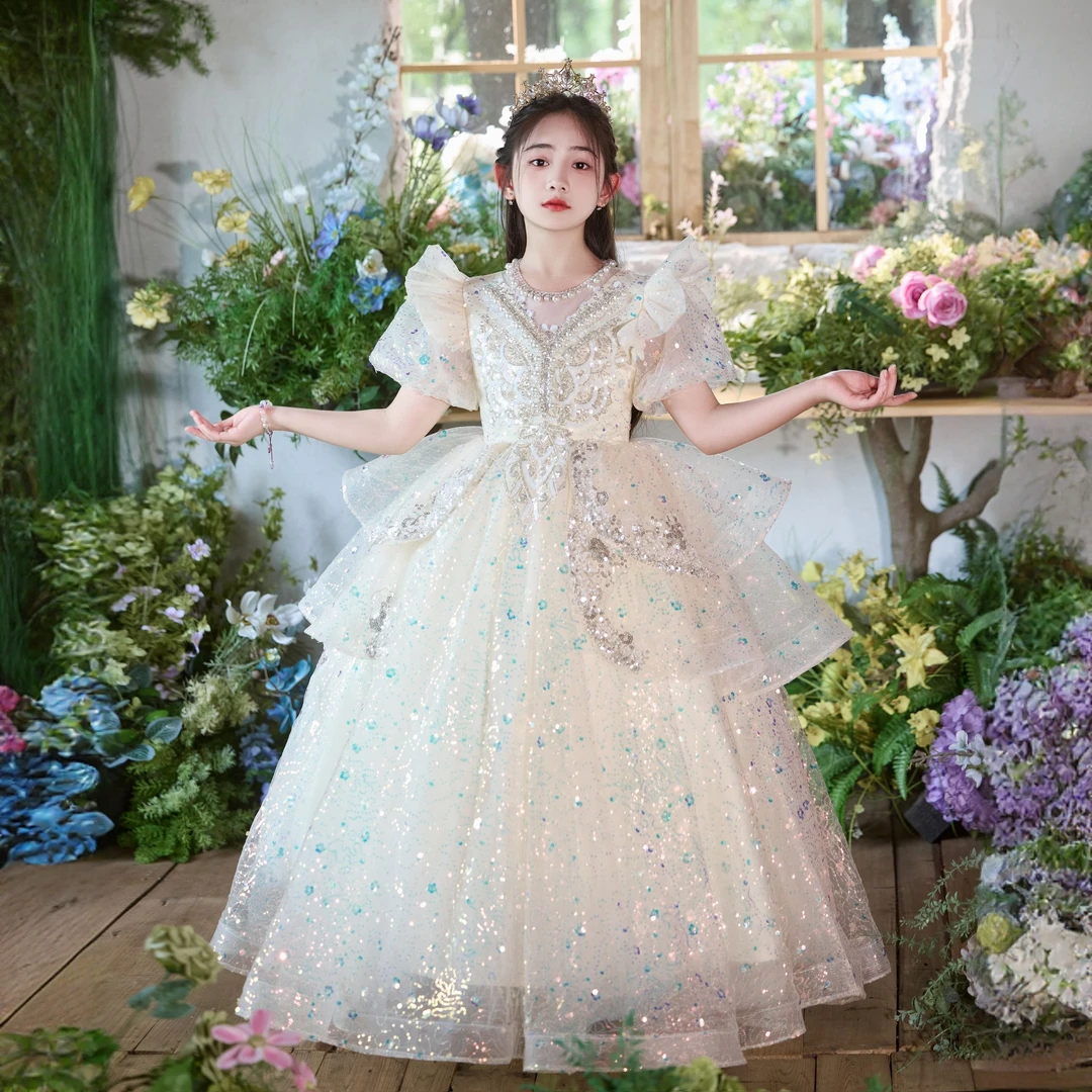 钢琴演奏礼服女童轻奢小众高端洋气儿童主持人走秀生日花童公主裙