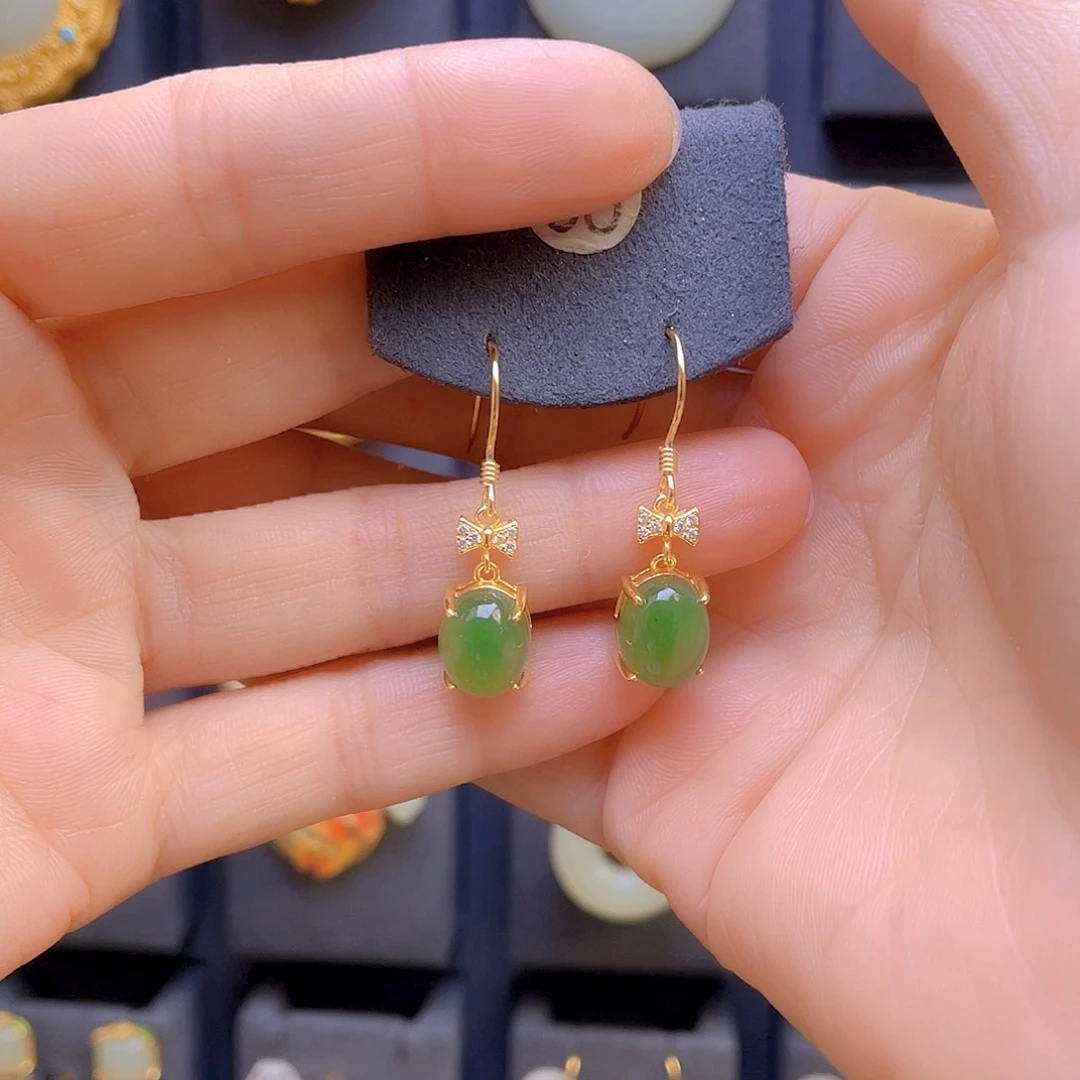 和田玉耳饰银S925镀金镶嵌