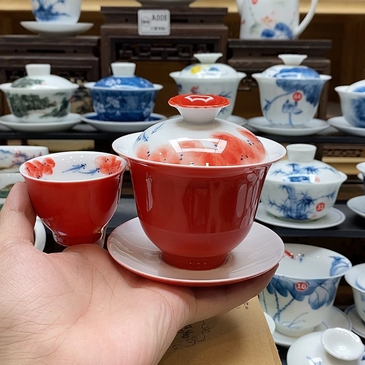 手绘龙船花盖碗160cc➕同款杯子釉下彩微瑕福利款