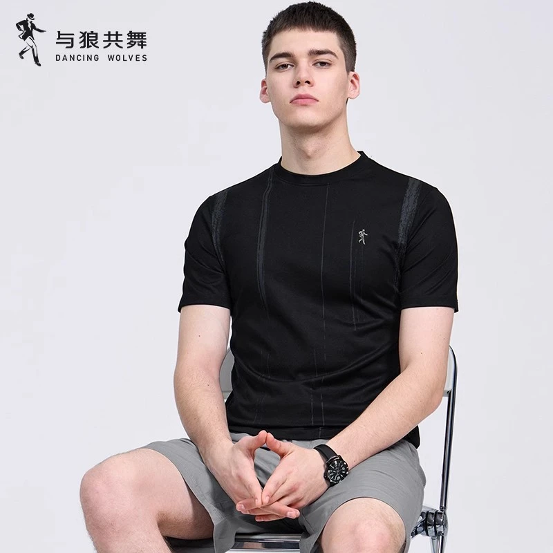 【冰氧吧】与狼共舞圆领短袖T恤男装2025夏季新款黑色凉感上衣