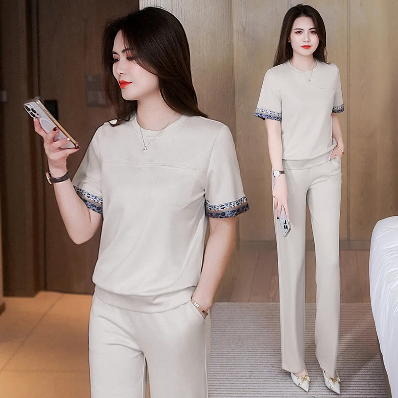 减龄显瘦休闲运动套装女2025夏季新款洋气T恤上衣高腰阔腿裤两件