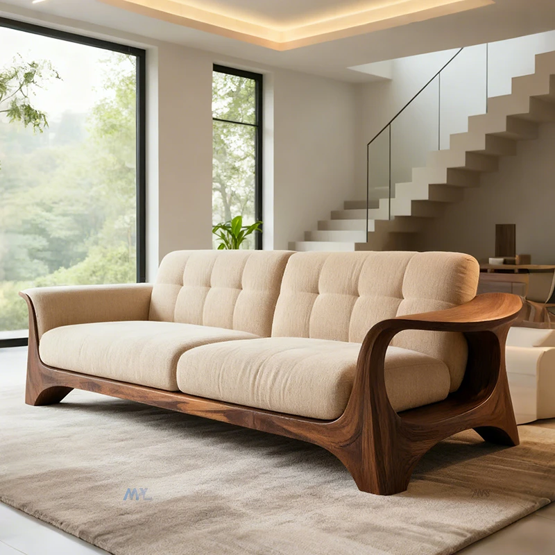 中古风实木沙发小户型客厅直排三人位真皮沙发胡桃木2025新款高端