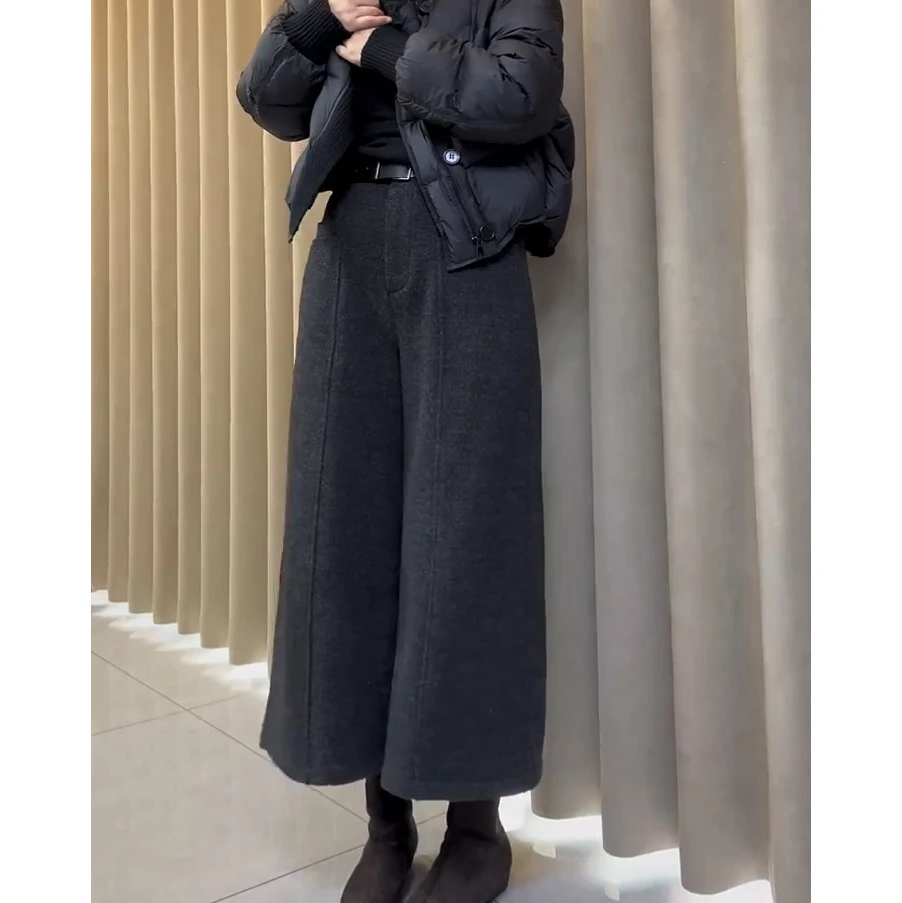 2025韩系冬季小个子松弛感宽松直筒裤九分休闲裤大码加厚阔腿裤女