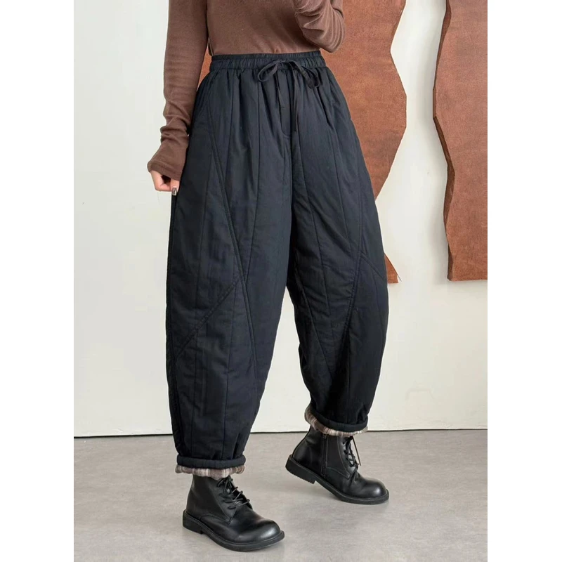 ZHANGJIA女装直筒裤格纹哈伦裤微弹厚款休闲裤冬款加厚格子裤棉裤