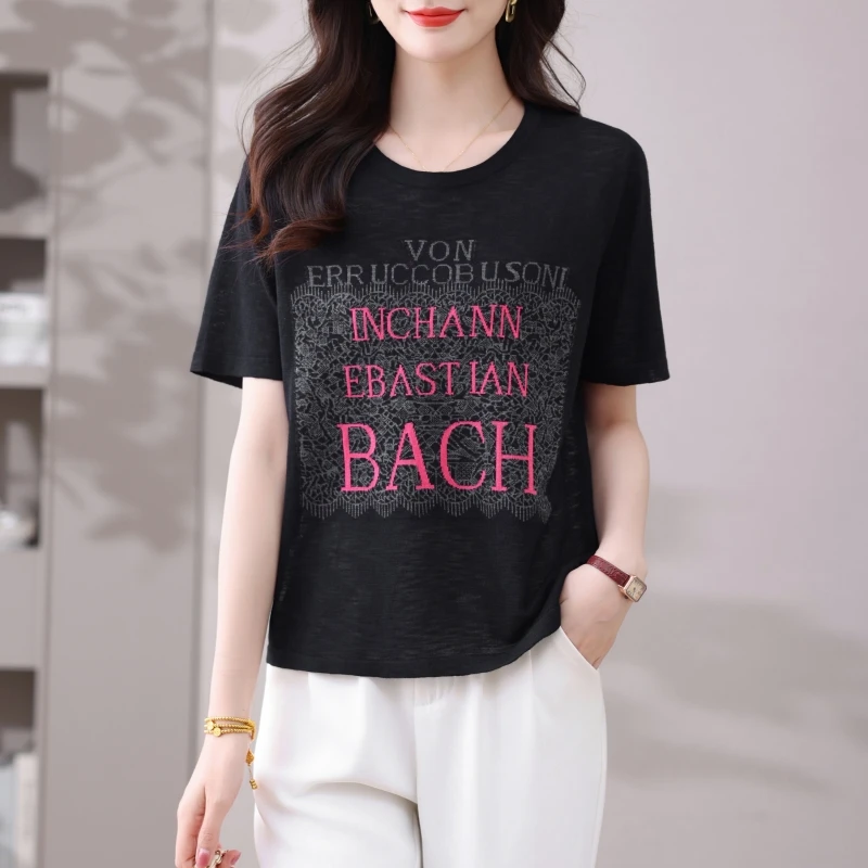 品牌女装夏季2025新款竹节麻短袖T恤女薄款大码宽松针织洋气上衣