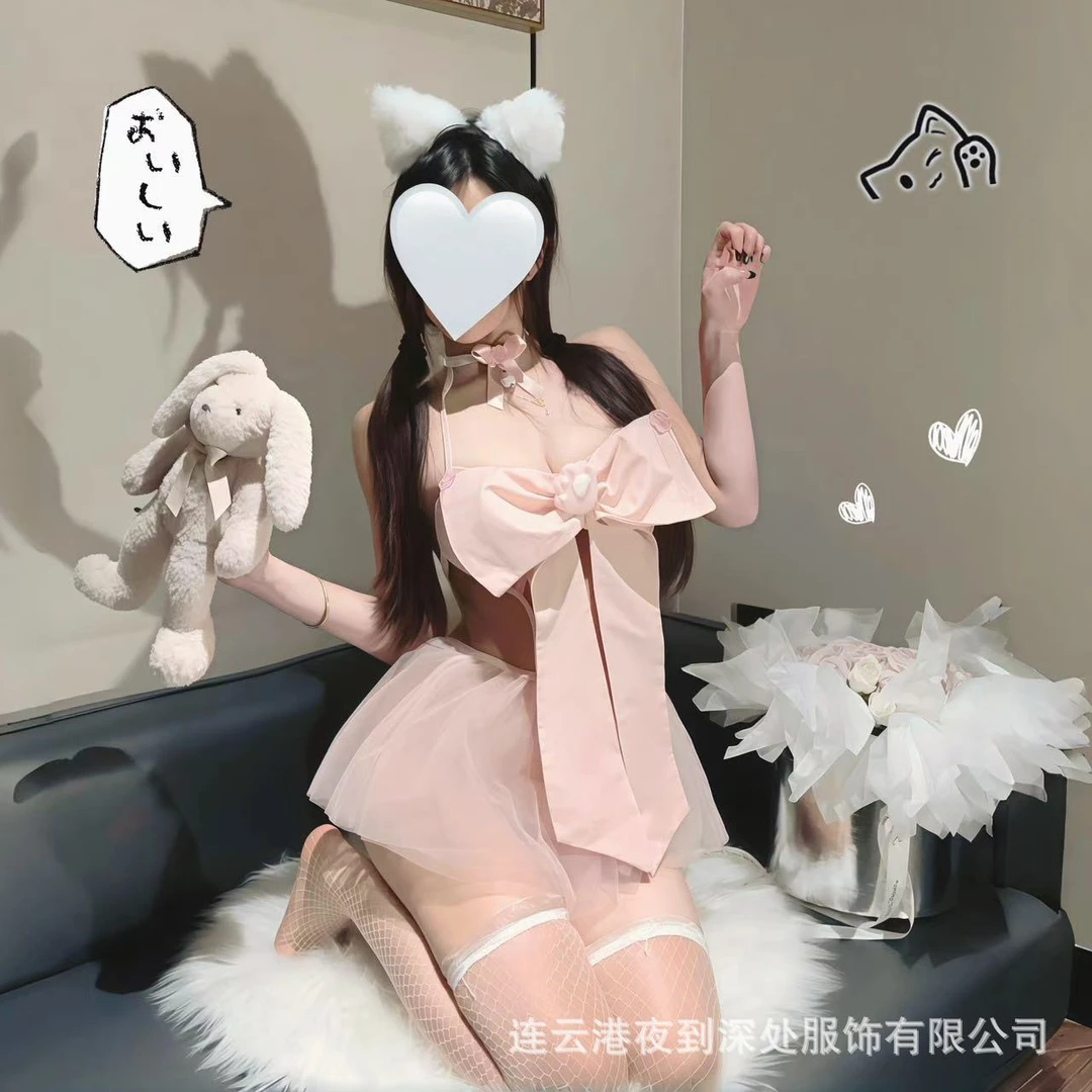 【LunaAmore】粉色蝴蝶结纯欲诱惑拼接网纱透视