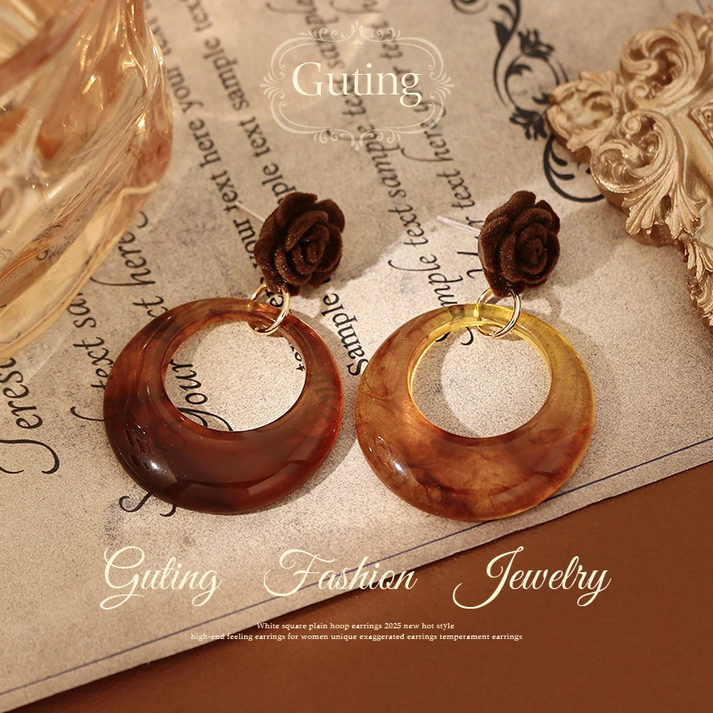 铜合金耳饰 23532棕色丝绒花朵圈圈耳坠耳环女高级耳钉方圆脸耳饰