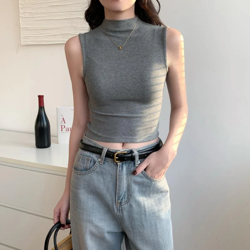 半高领无袖t恤背心女内搭夏季外穿2025新款坎肩打底高腰露脐上衣