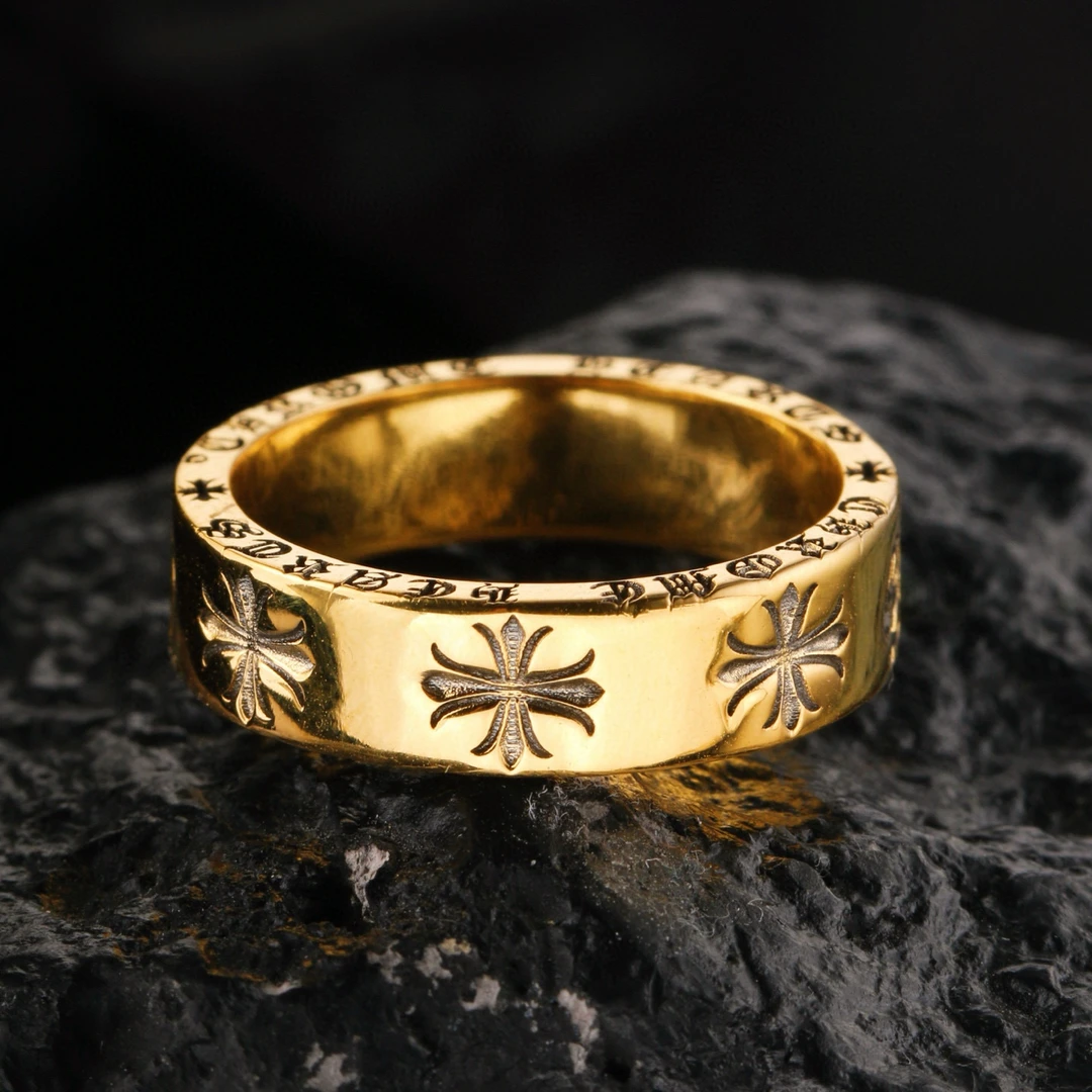 足金999精品复古电黑工艺黑金亮面英文字母十字架实心黄金戒指