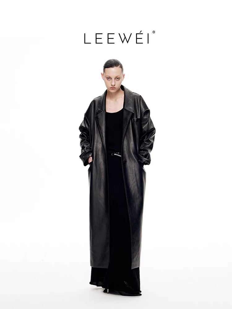 CNLEEWEI 设计师品牌 25秋冬新品 直身长腰带超纤皮革大衣外套