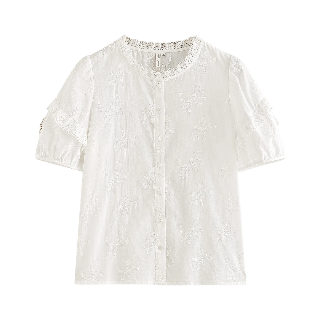 【一秒入夏】茵曼夏季荷叶领镂空刺绣纯棉衬衫度假风泡泡袖衬衣
