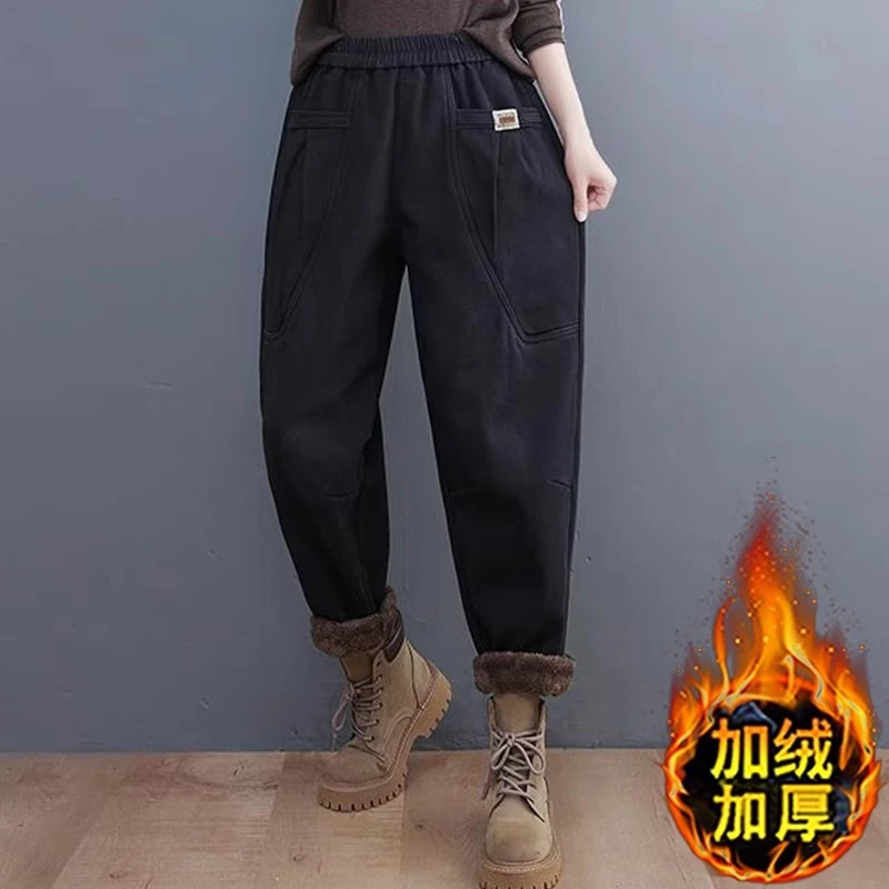 加绒加厚女士高档牛仔裤秋冬2024新款爆款宽松休闲黑色哈伦老爹裤