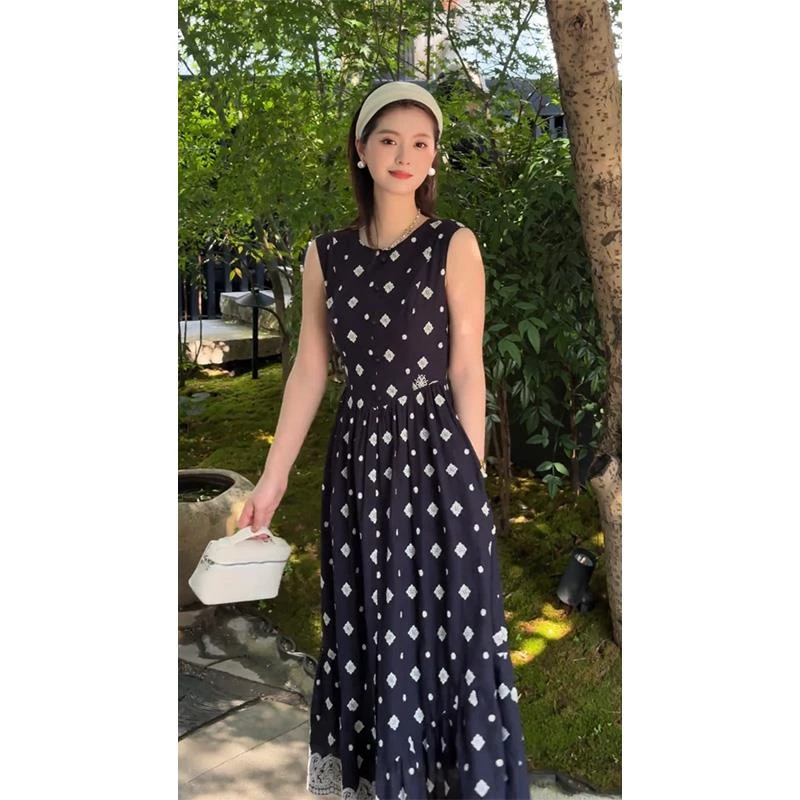 LUOZHI 夏季赫本风气质碎花无袖连衣裙女重要场合绝美蕾丝长裙子