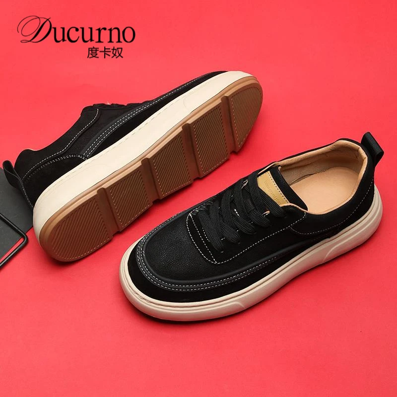 度卡奴休闲皮鞋男2025新款高端商务男鞋秋季男士黑色板鞋软底舒适
