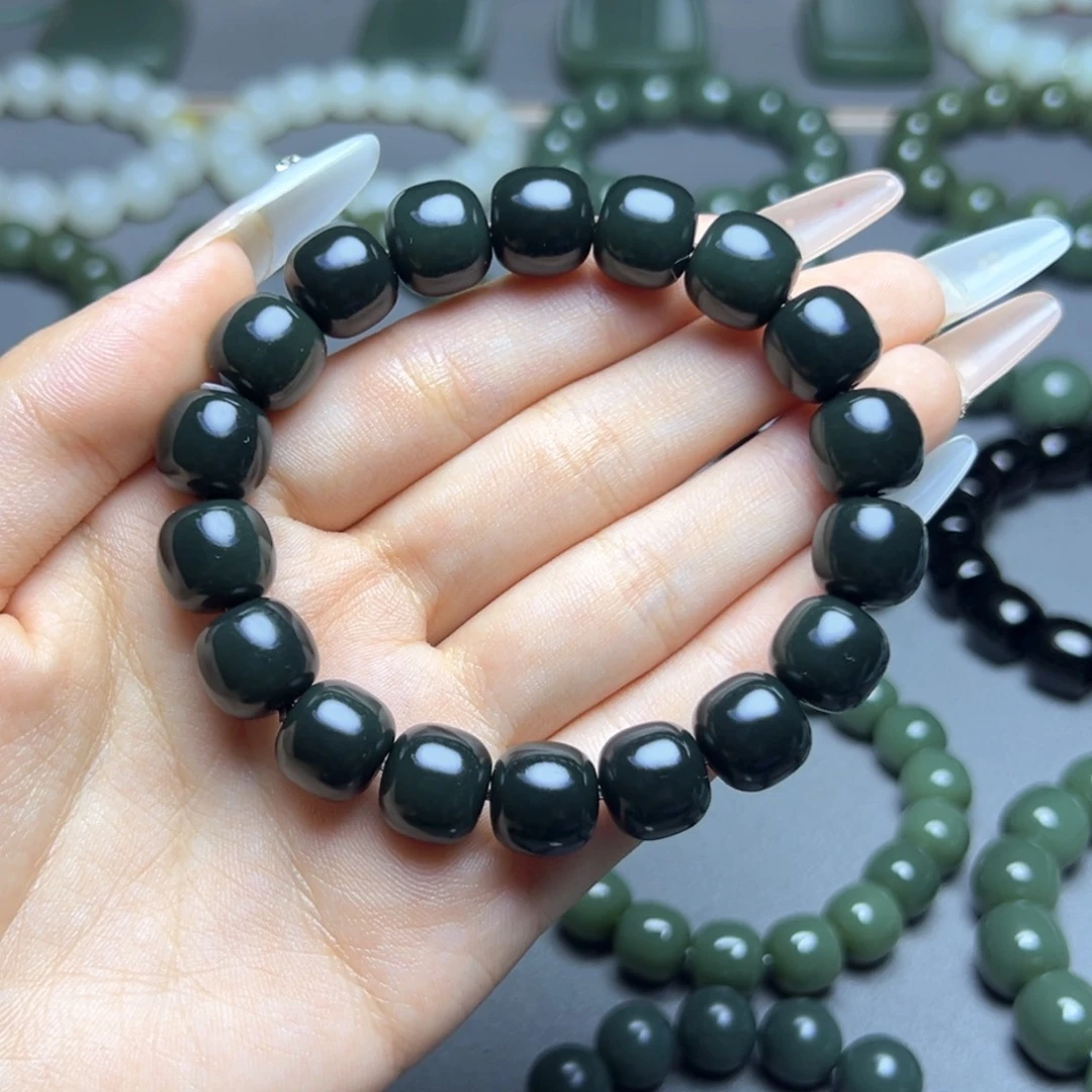 浅***蓝和田玉未镶嵌手串沙枣青深青色12