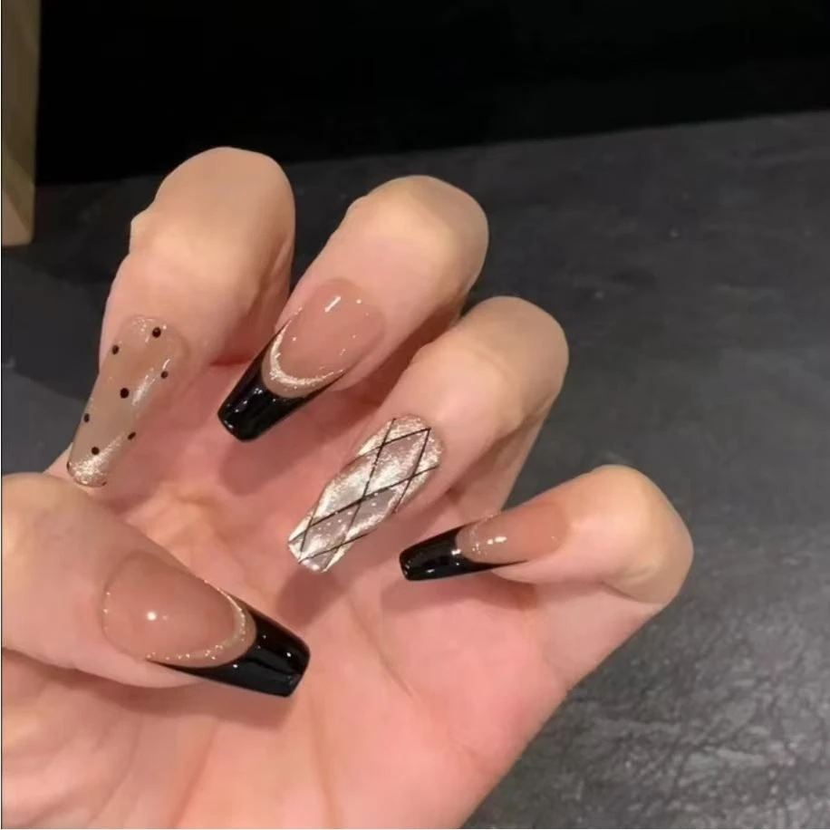 纯手工光疗穿戴甲黑金香奶奶黑色法式波点菱形格纹手工穿戴甲贴片