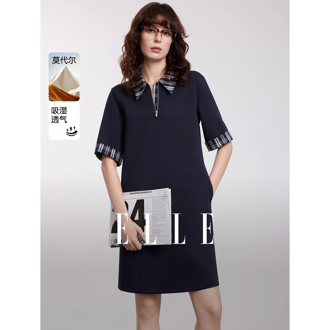 ELLE格纹拼接翻领短袖t恤连衣裙女2025夏季新款学院风裙子EL51233