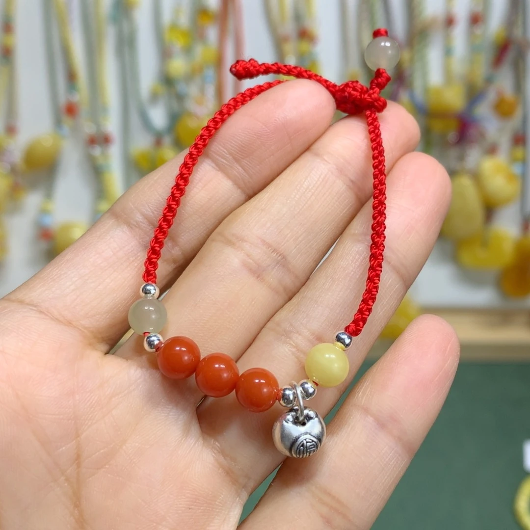 南红玛瑙手链足银镶嵌手绳