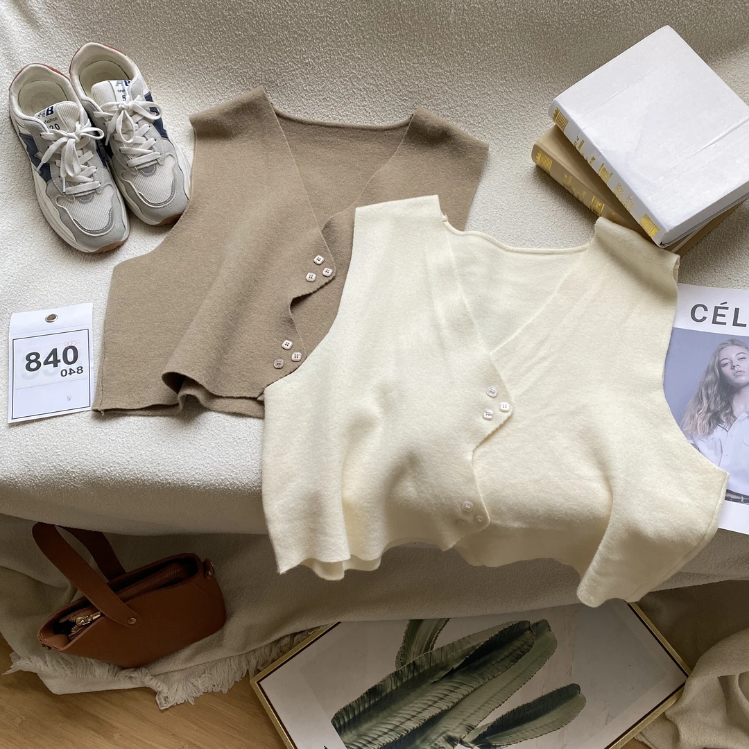 S&Y苼蕥【马甲】 SY 840秋冬V领不规则针织马甲女韩版宽松无袖上衣