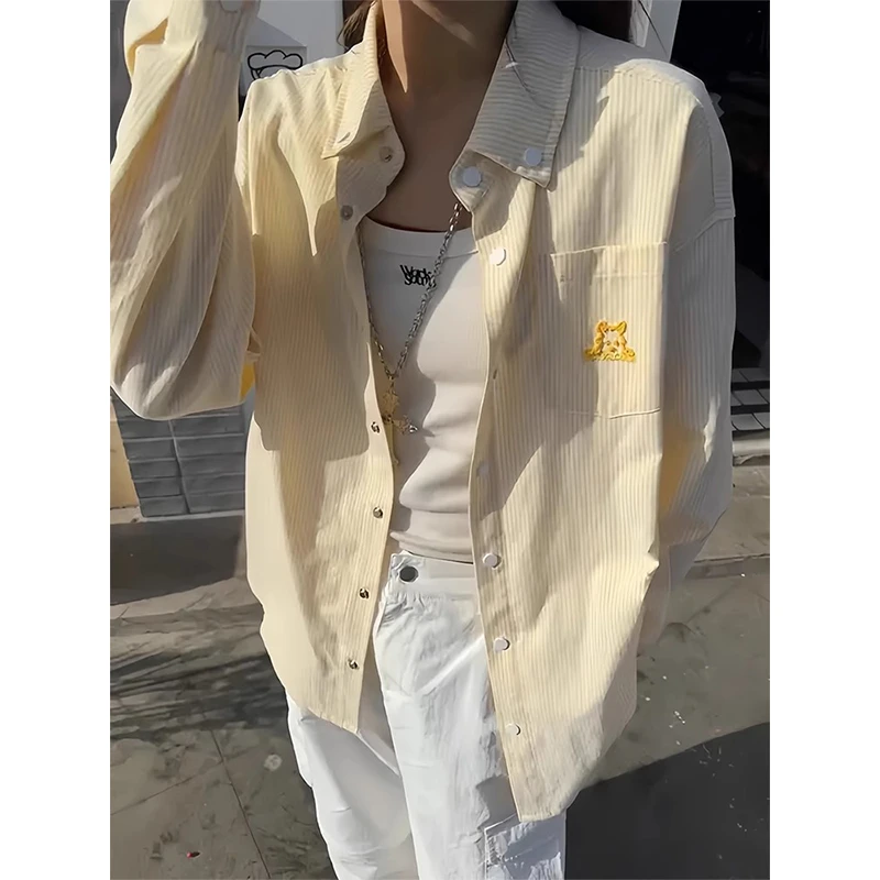 美式复古polo领条纹衬衫男女款慵懒风高级感刺绣长袖情侣衬衣外套