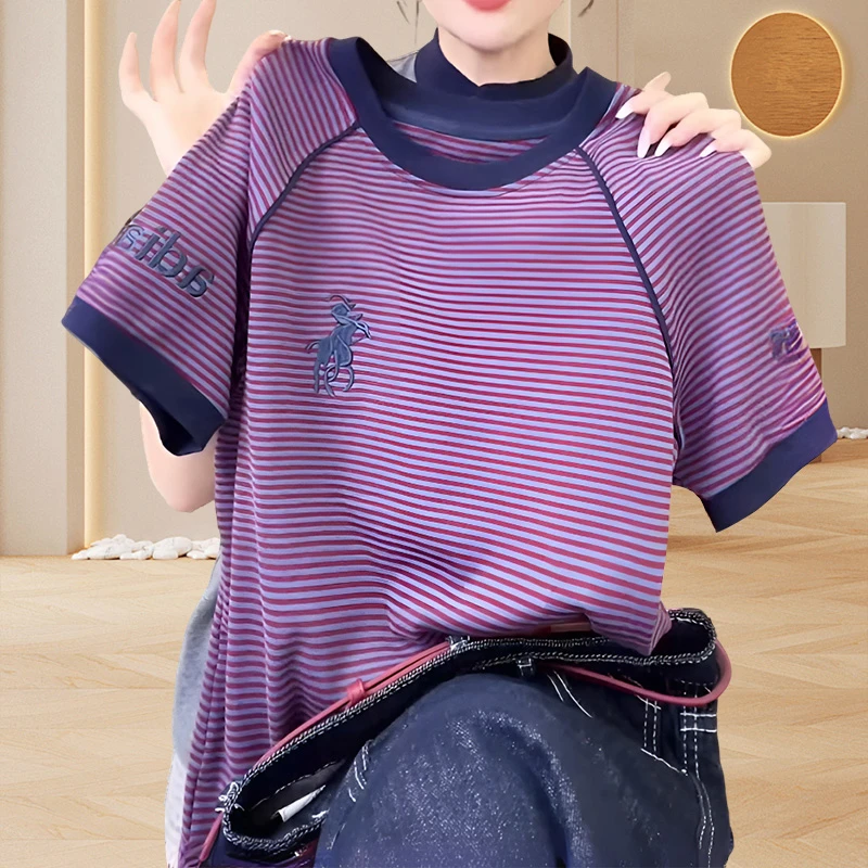 欧货撞色条纹大版t恤女短袖2025夏季新款宽松百搭显瘦女士短袖t恤