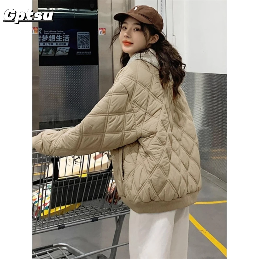 GPTSu新款菱格棉服宽松棉衣加厚棉袄秋冬季学院风棒球设计外套女