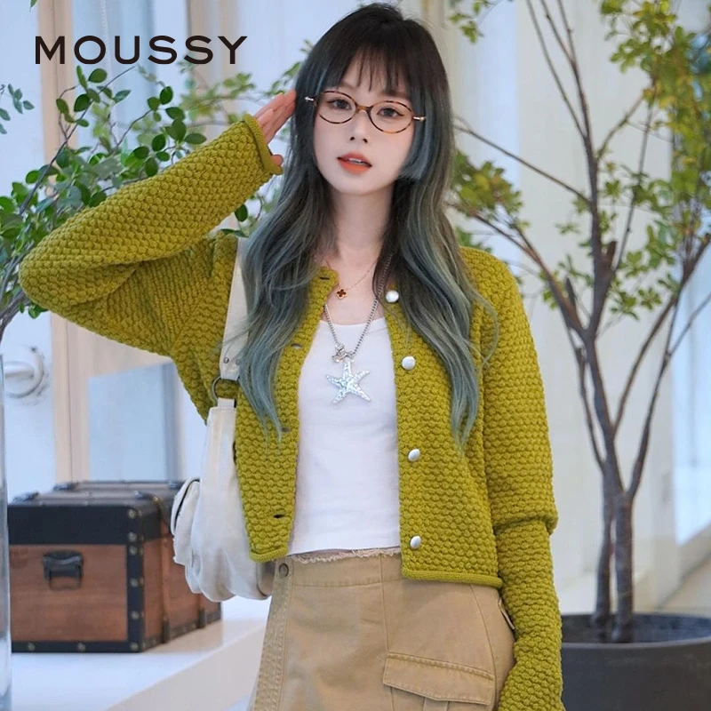 MOUSSY 2025春季新品富家千金风卷边短款针织开衫女028ISX70-1821