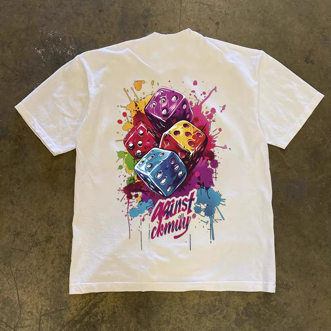 美式涂鸦骰子印花潮牌宽松圆领短袖t恤男重磅纯棉夏季休闲半袖衫