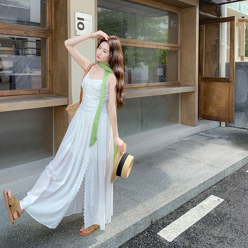 韩系穿搭一整套蕾丝拼接吊带连衣裙仙女裙度假风沙滩裙配飘带夏季
