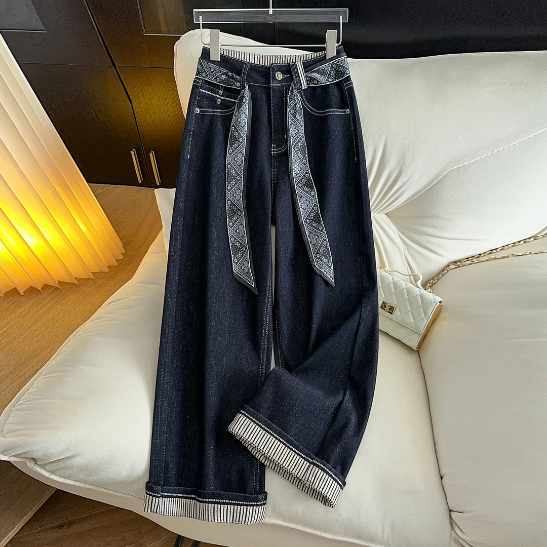 丹宁蓝卷边条纹直筒牛仔裤女2025秋季新款高腰显瘦窄版九分阔腿裤