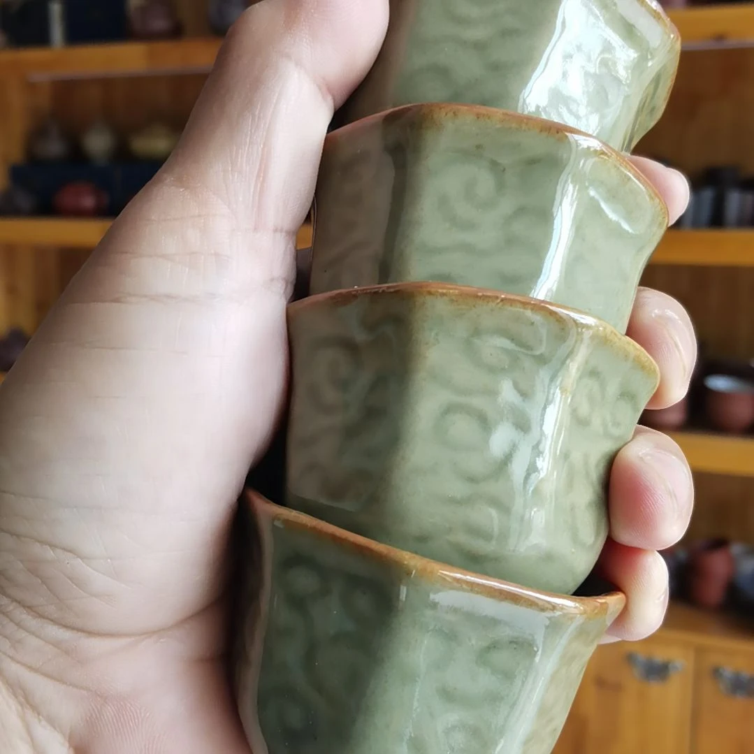 茶杯紫砂陶瓷青釉八角杯