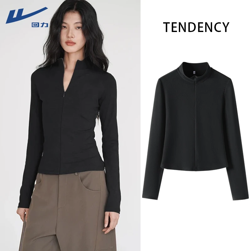 回力黑色长袖t恤女新款春秋修身显瘦翻领美式辣妹上衣内搭打底衫