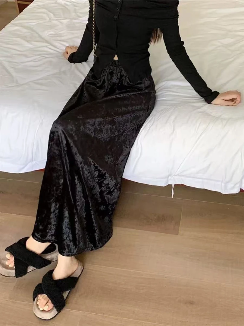 88090#【长90】2024新款时尚高腰松紧金丝绒半身长裙