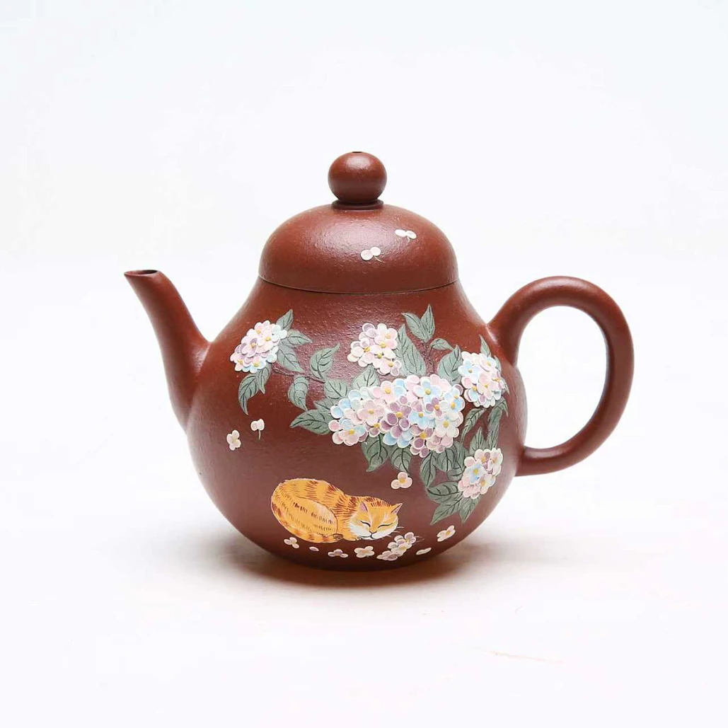 《高梨》【0添加无碳酸钡】小煤窑朱泥全手工泥绘画绣球180C纯手工