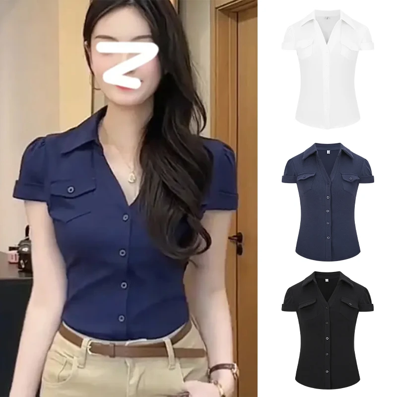 Moses Queen/魔西女王掐腰修身显瘦短袖口袋收腰气质辣妹衬衫上衣