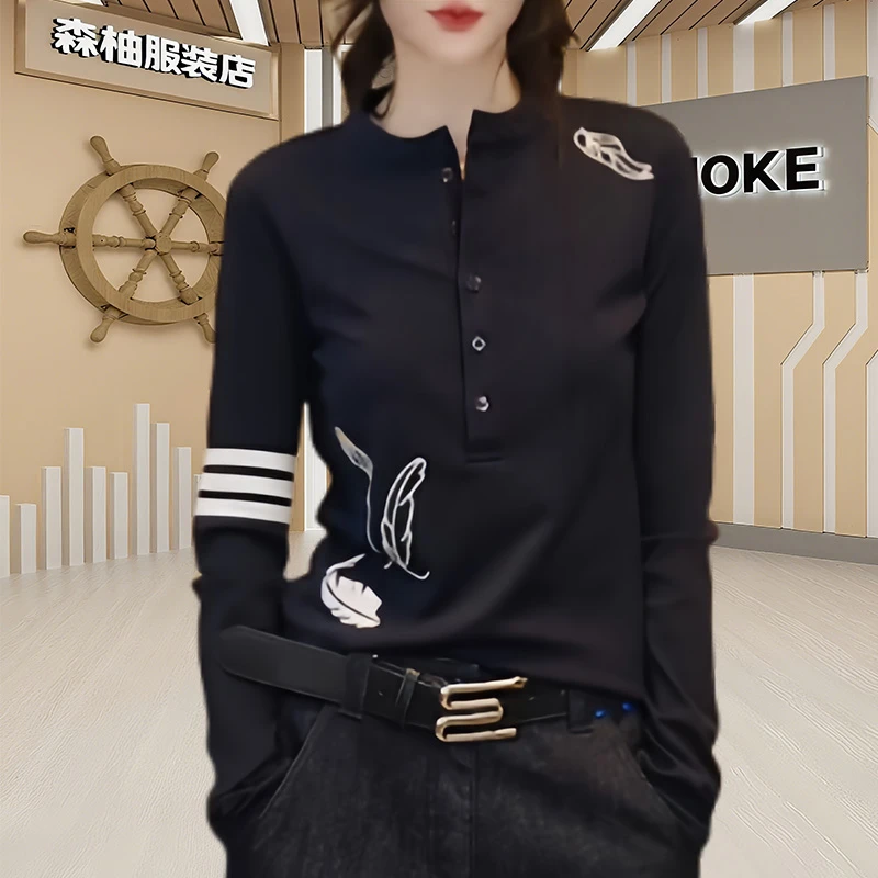 休闲风刺绣高级感上衣气质打底衫长袖纽扣ins圆领T恤2025春秋季女