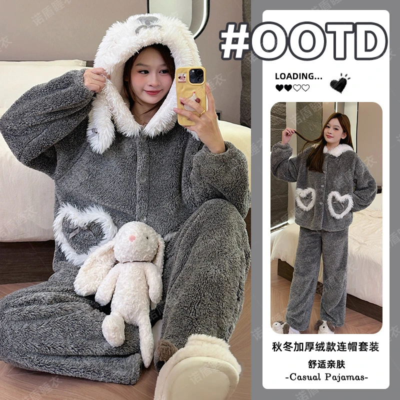 加绒加厚保暖套装爆款珊瑚绒睡衣2025冬季卡通少女风家居服套装