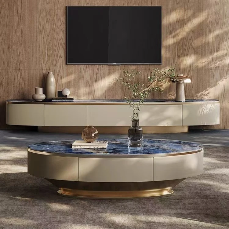 意式设计椭圆带抽屉客厅奢石简约茶几高级感大气圆形家用轻奢高档