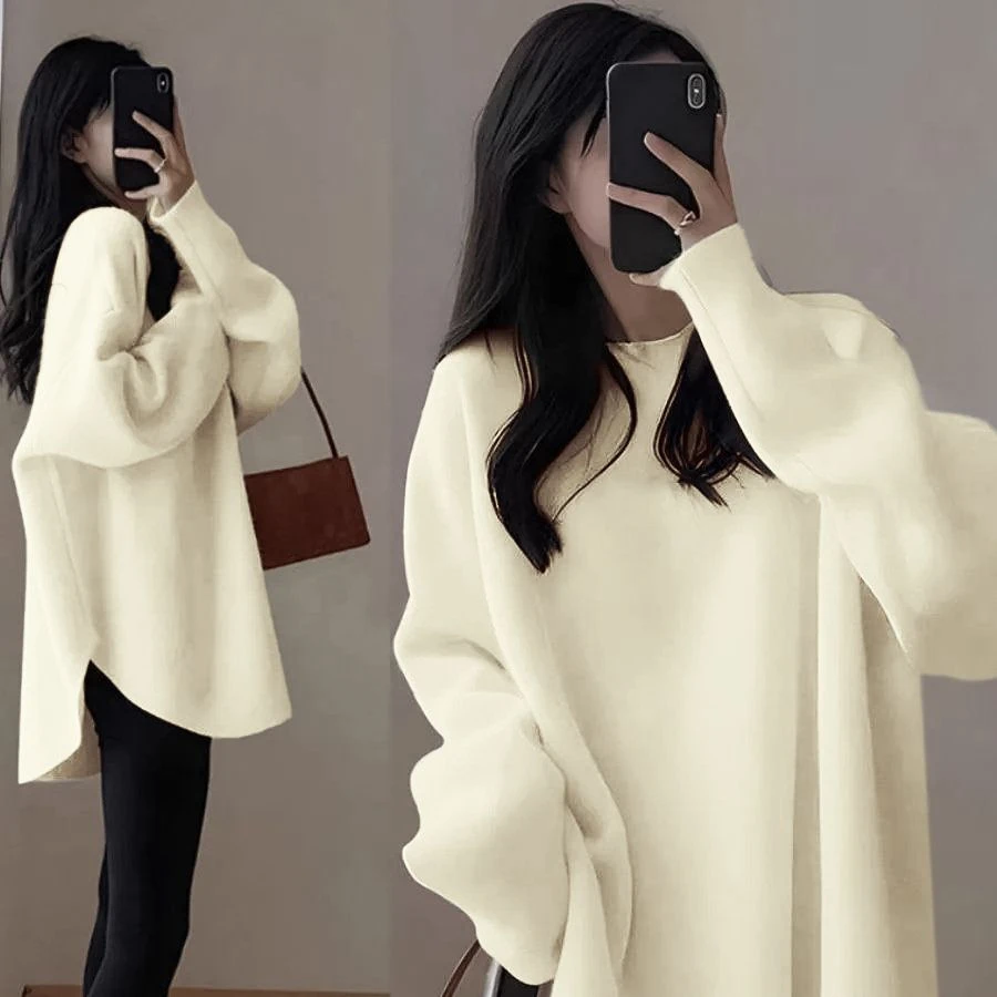 2026秋冬新款德绒加厚杏色长袖t恤女中长款宽松上衣遮屁股打底衫