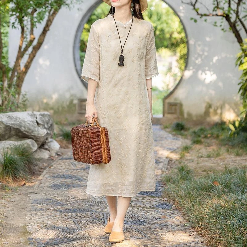 重工提花苎麻改良旗袍裙女夏斜领盘扣亚麻长裙子品牌专柜尾单断码